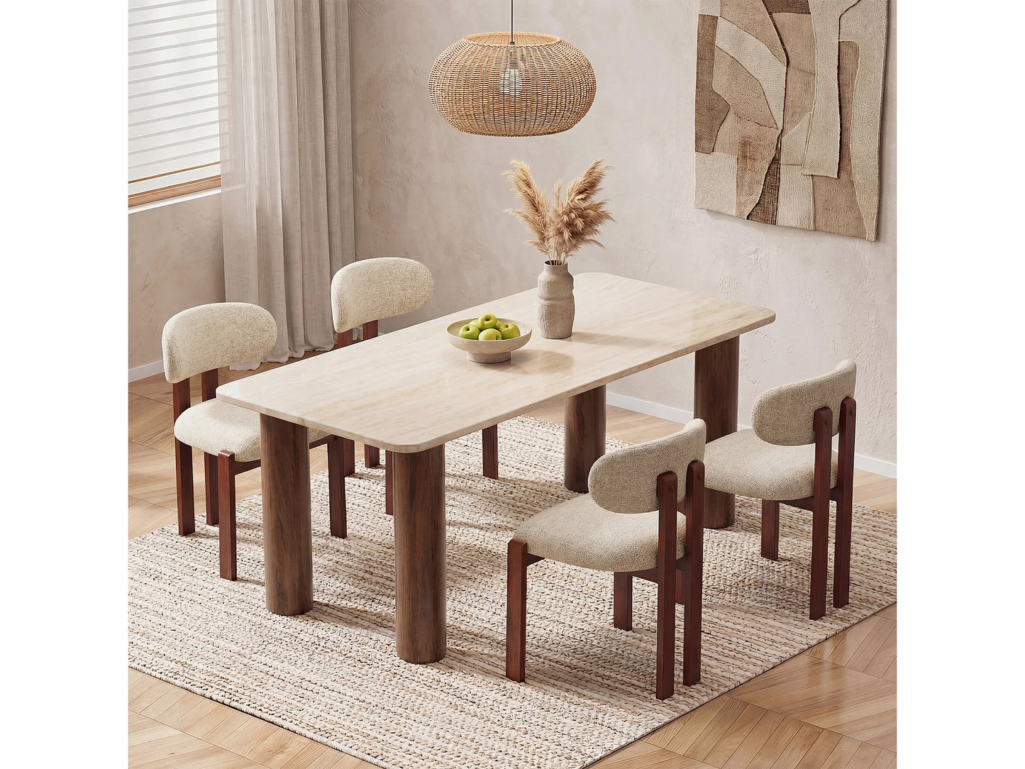 Chaise Japandi Chenille Beige Pieds Noyer - Smartue