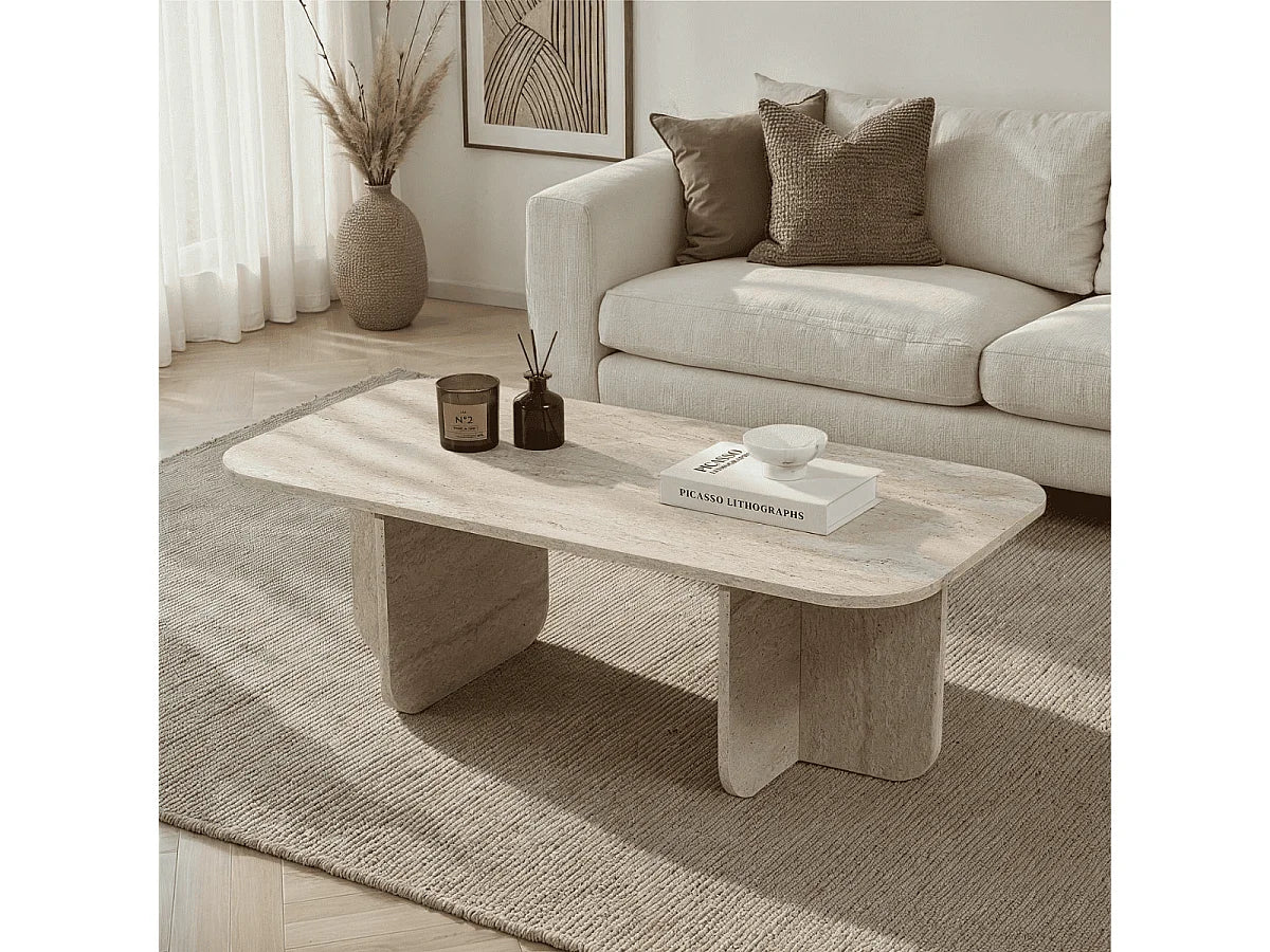 Table Basse Japandi Rectangulaire Effet Travertin - Becaj
