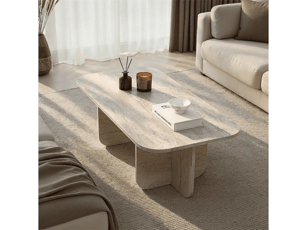 Table Basse Japandi Rectangulaire Effet Travertin - Becaj