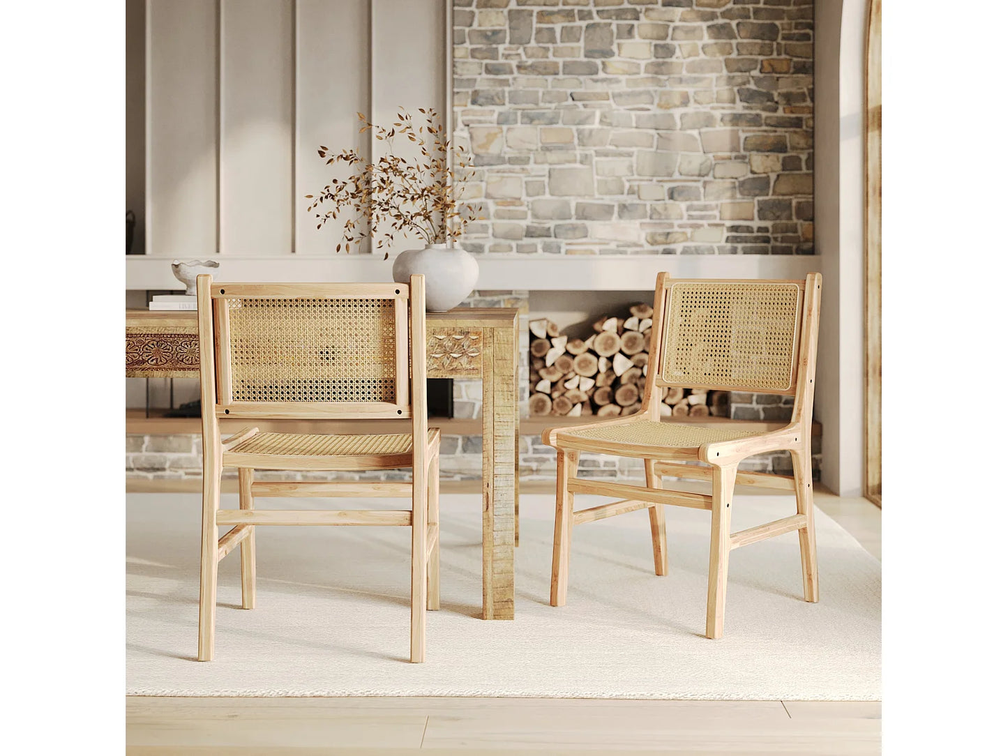 Lot 2 Chaises Japandi Teck Et Rotin - Kyla