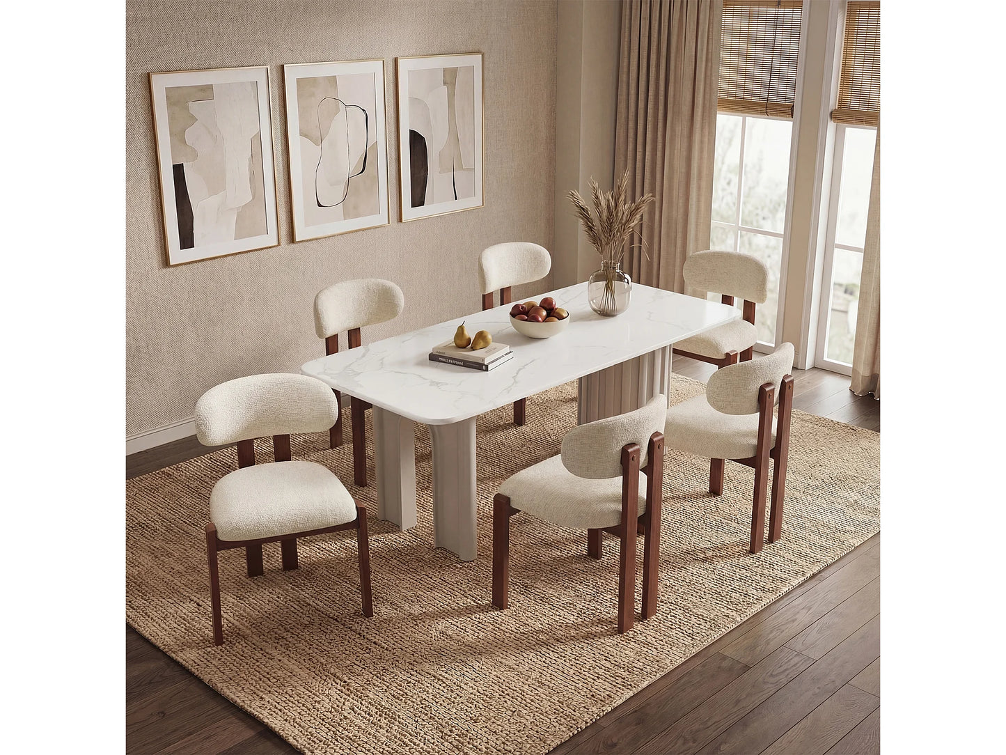 Chaise Japandi Chenille Beige Pieds Noyer - Smartue