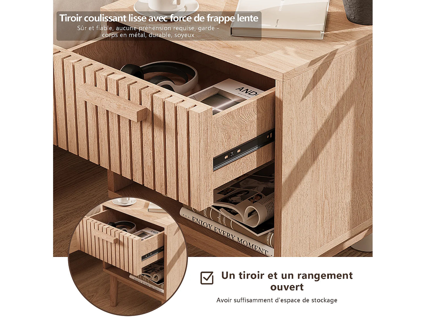 Lot 2 Chevets Japandi Tiroir Naturel - Moderne