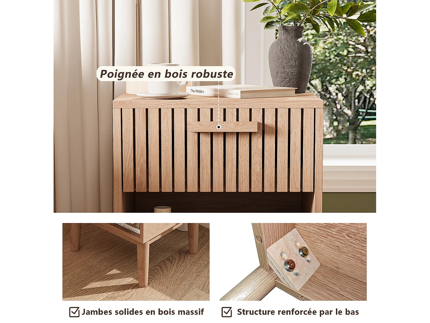 Lot 2 Chevets Japandi Tiroir Naturel - Moderne