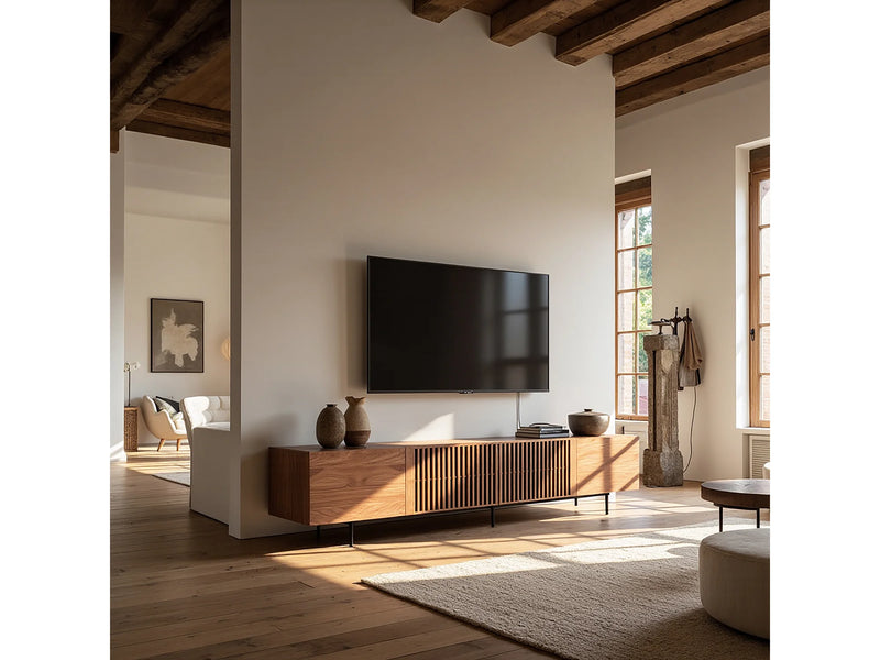 Meuble TV Japandi Moderne en Noyer 240 cm - Console