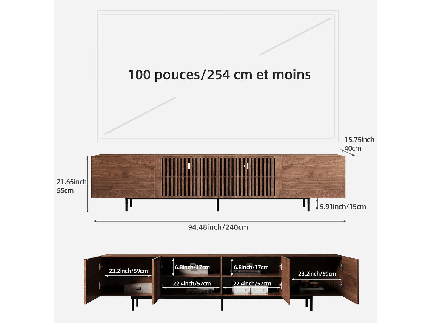 Meuble TV Japandi Moderne en Noyer 240 cm - Console