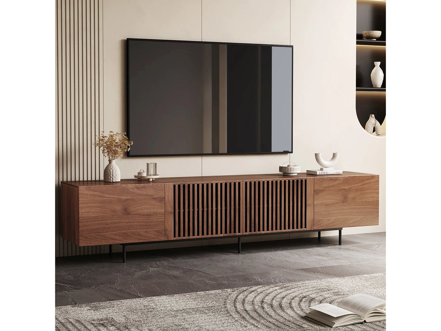 Meuble TV Japandi Moderne en Noyer 240 cm - Console
