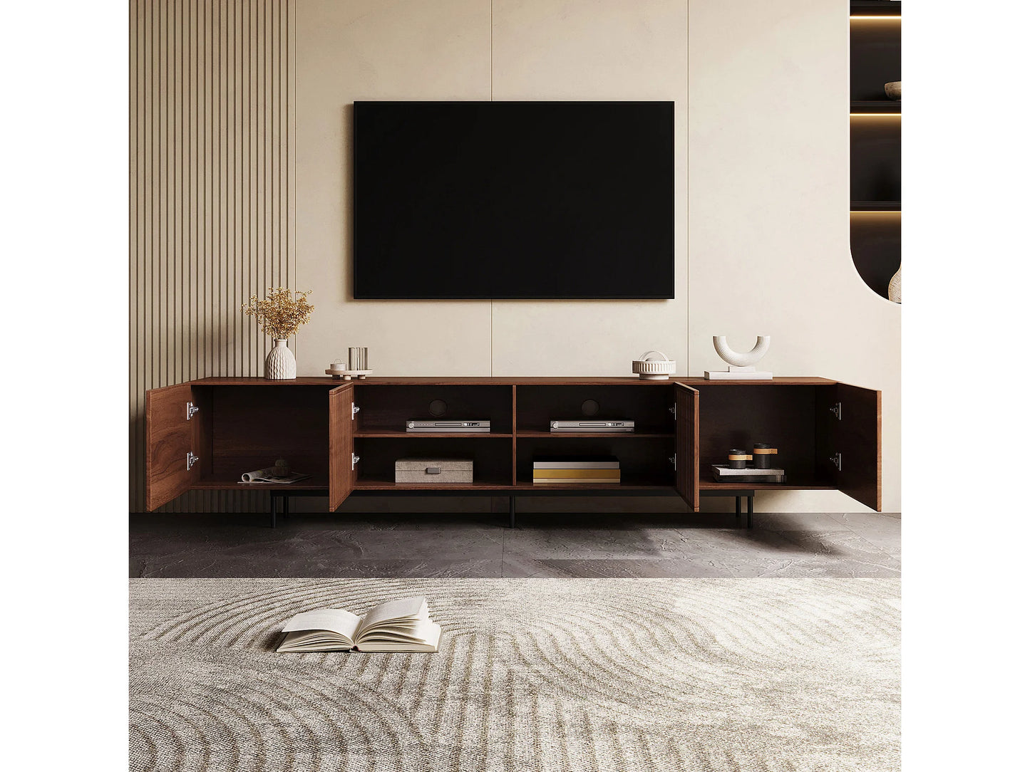 Meuble TV Japandi Moderne en Noyer 240 cm - Console
