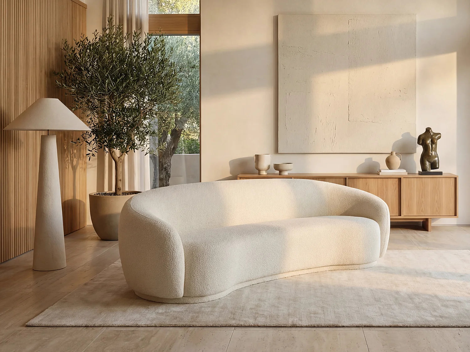Canapé Japandi Arrondi Bouclette Beige 3 Places - Bovana