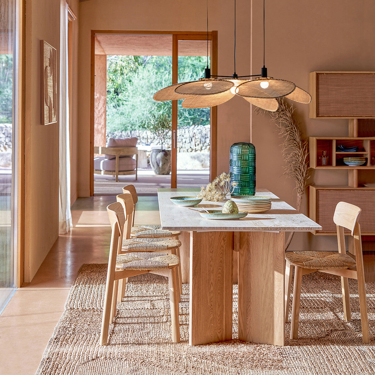 Chaise de Salle à Manger Japandi en Bois et Fibre Tressée