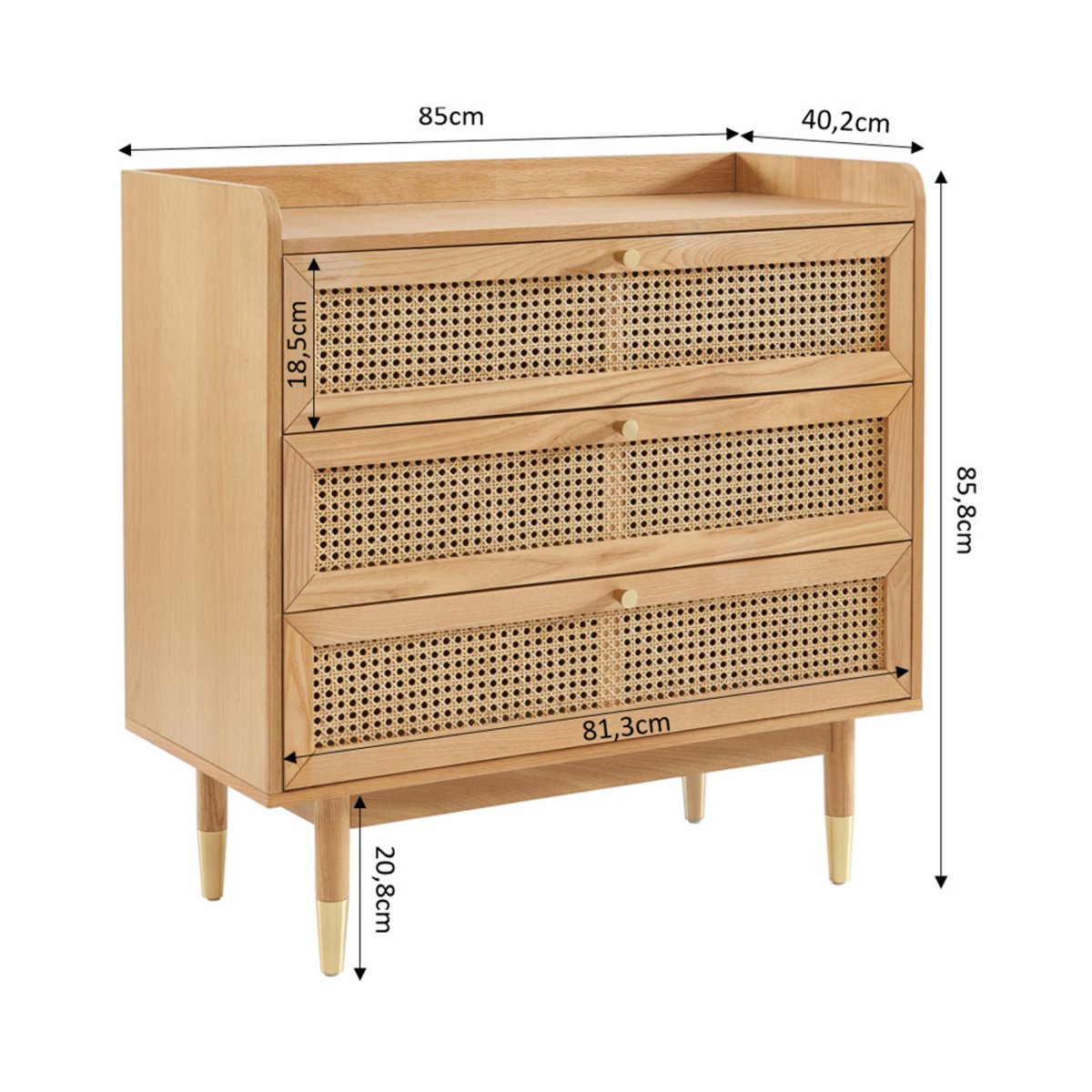 Commode Japandi à 3 Tiroirs en Bois et Cannage