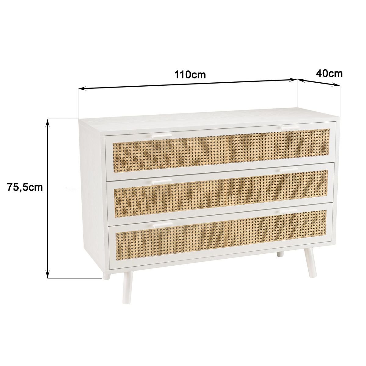 Commode Japandi à 3 Tiroirs en Bois Blanc et Cannage