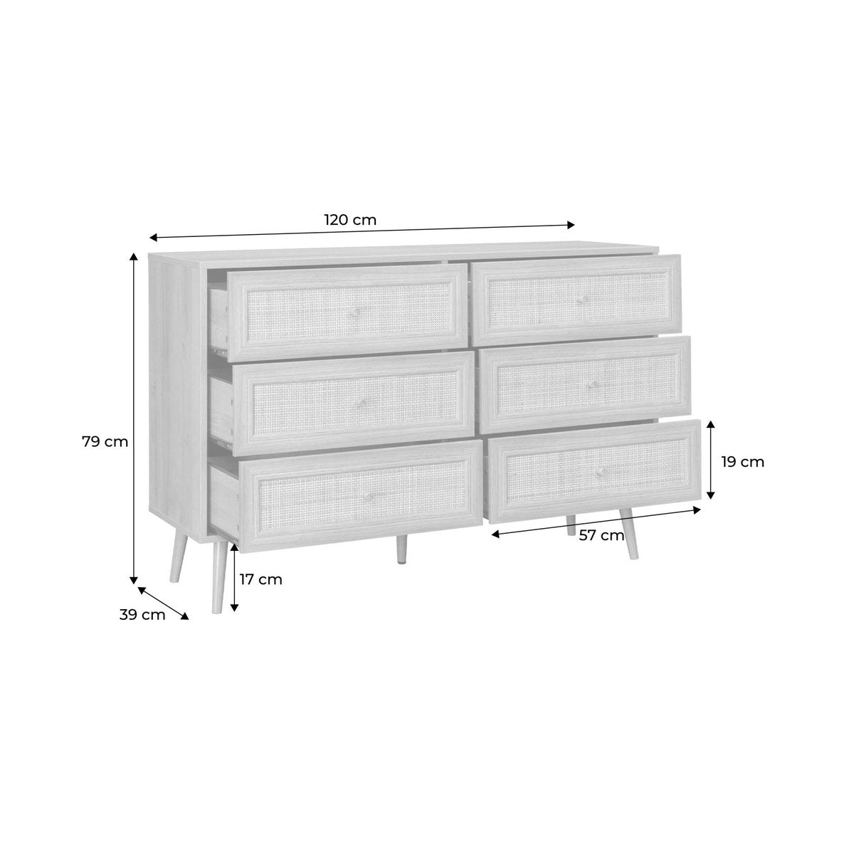 Commode Japandi à 6 Tiroirs Effet Bois et Cannage