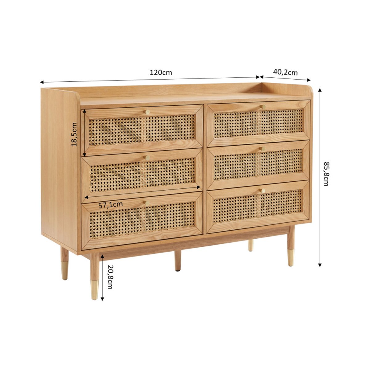 Commode Japandi à 6 Tiroirs en Bois et Cannage