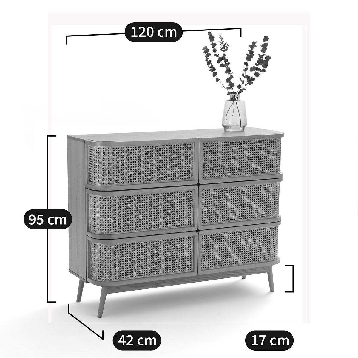 Commode Japandi à 6 Tiroirs en Cannage