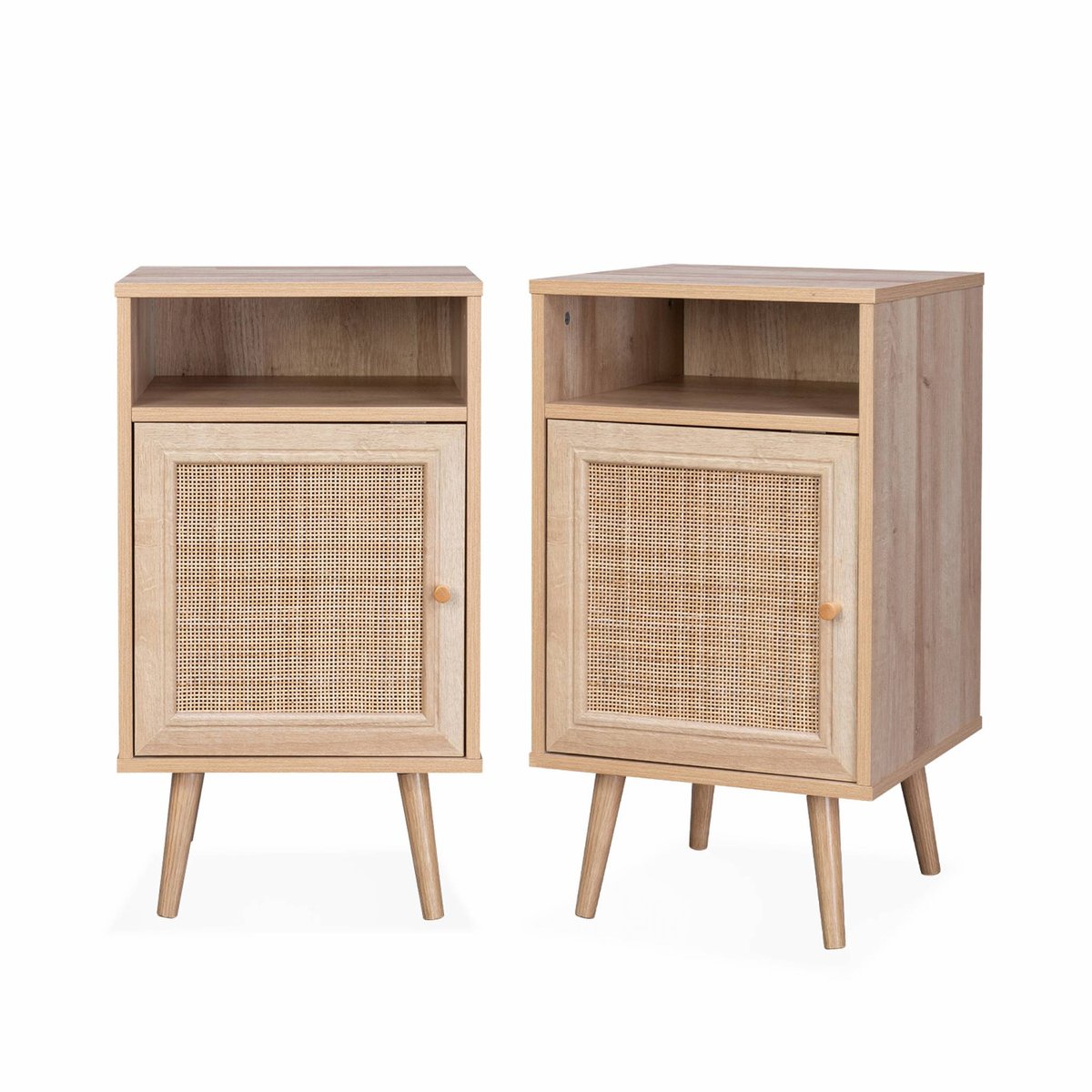 Lot de 2 Tables de Chevet Japandi à Portes en Cannage