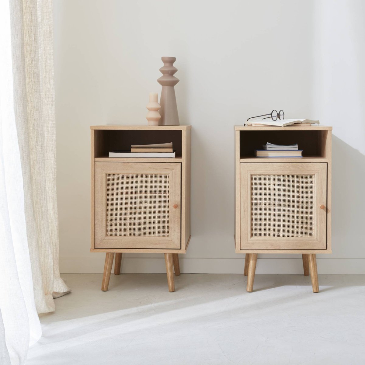 Lot de 2 Tables de Chevet Japandi à Portes en Cannage