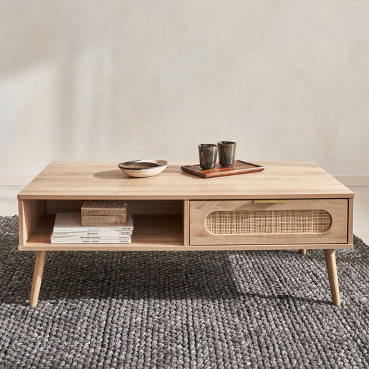 Table Basse Japandi en Bois et Rotin