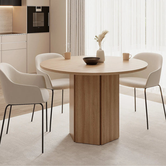Table à Manger Japandi Ronde en Bois Clair avec Pied Hexagonal