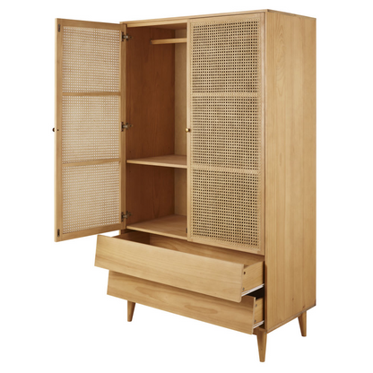Armoire Japandi 2 portes battantes 2 tiroirs cannage en rotin – Suzelle