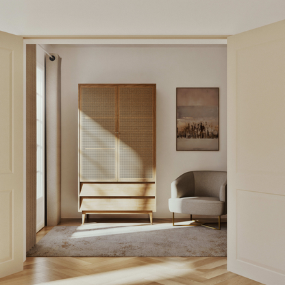 Armoire Japandi 2 portes battantes 2 tiroirs cannage en rotin – Suzelle