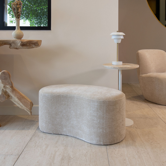 Banc en tissu bouclette beige et structure bois Japandi – Côme