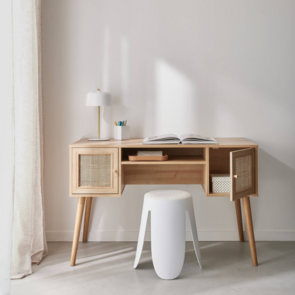 Bureau Japandi cannage et décor bois avec 2 portes – Boheme