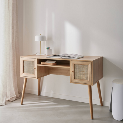 Bureau Japandi cannage et décor bois avec 2 portes – Boheme