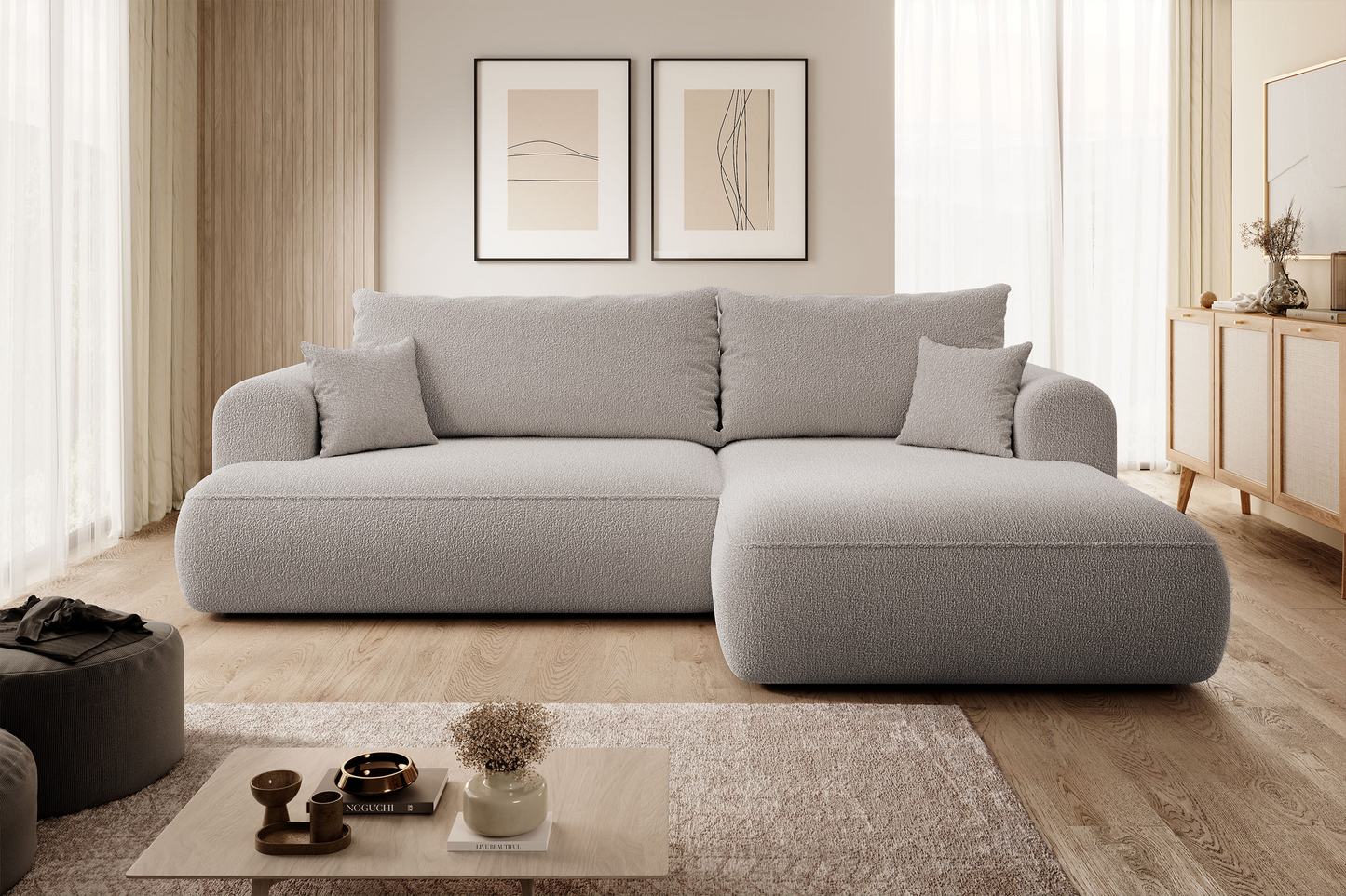 Canapé d'angle convertible Japandi 3 places en bouclette beige - OVO