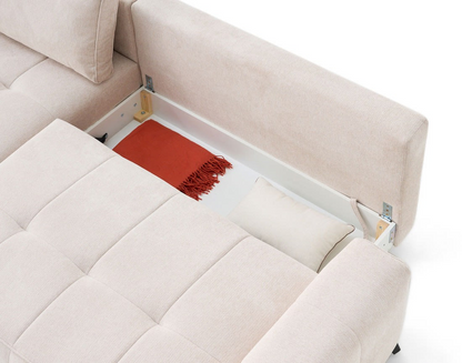 Canapé d'angle convertible Japandi 4 places en tissu texturé beige – Rimini