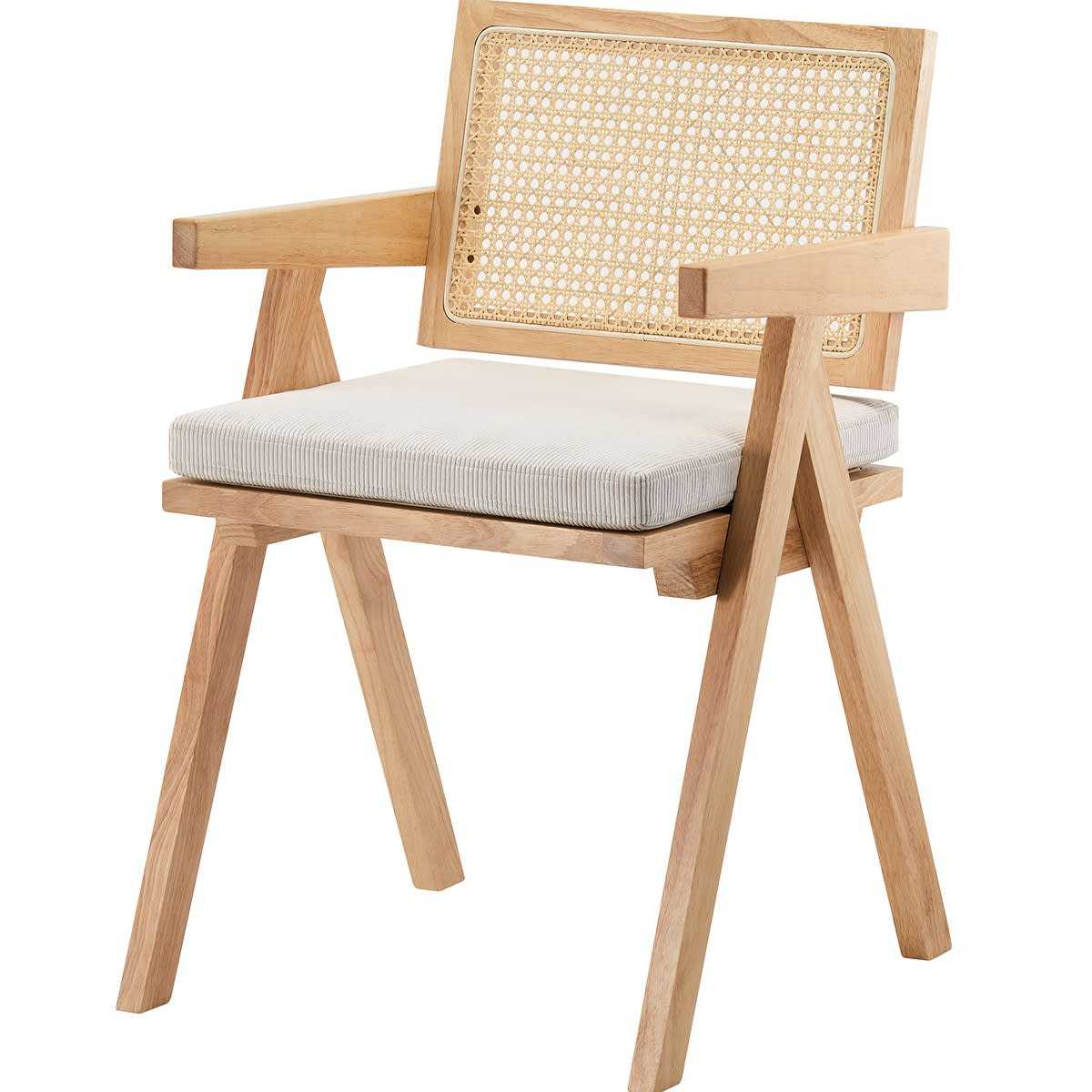 Chaise Japandi en bois massif, cannage et velours côtelé beige – Lina