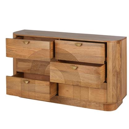 Commode Japandi double 6 tiroirs en bois de manguier et métal coloris laiton – Aureus