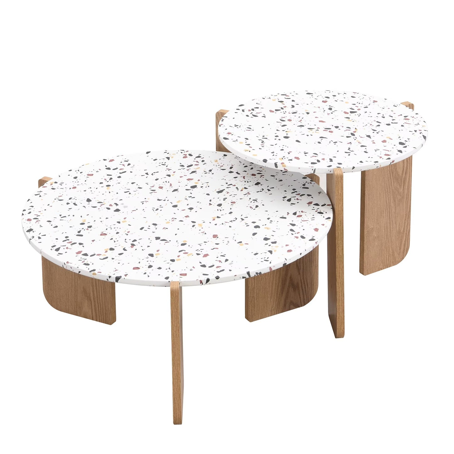 Ensemble de 2 Tables Basses Japandi gigognes blanches rondes pieds bois