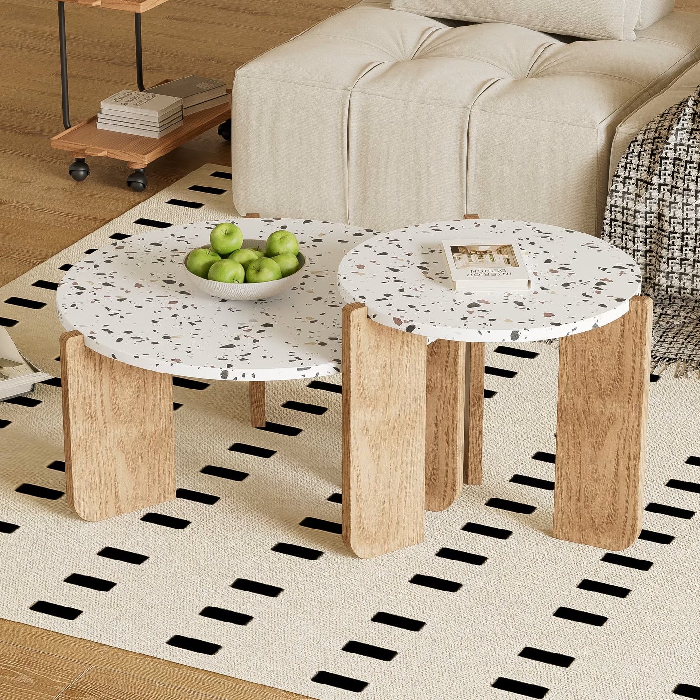 Ensemble de 2 Tables Basses Japandi gigognes blanches rondes pieds bois