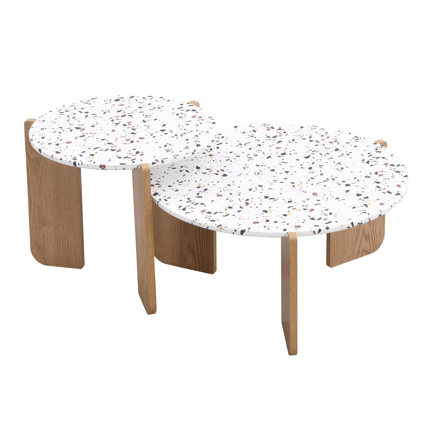 Ensemble de 2 Tables Basses Japandi gigognes blanches rondes pieds bois