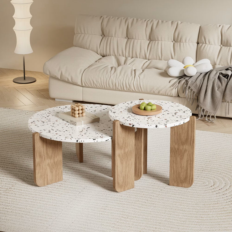 Ensemble de 2 Tables Basses Japandi gigognes blanches rondes pieds bois