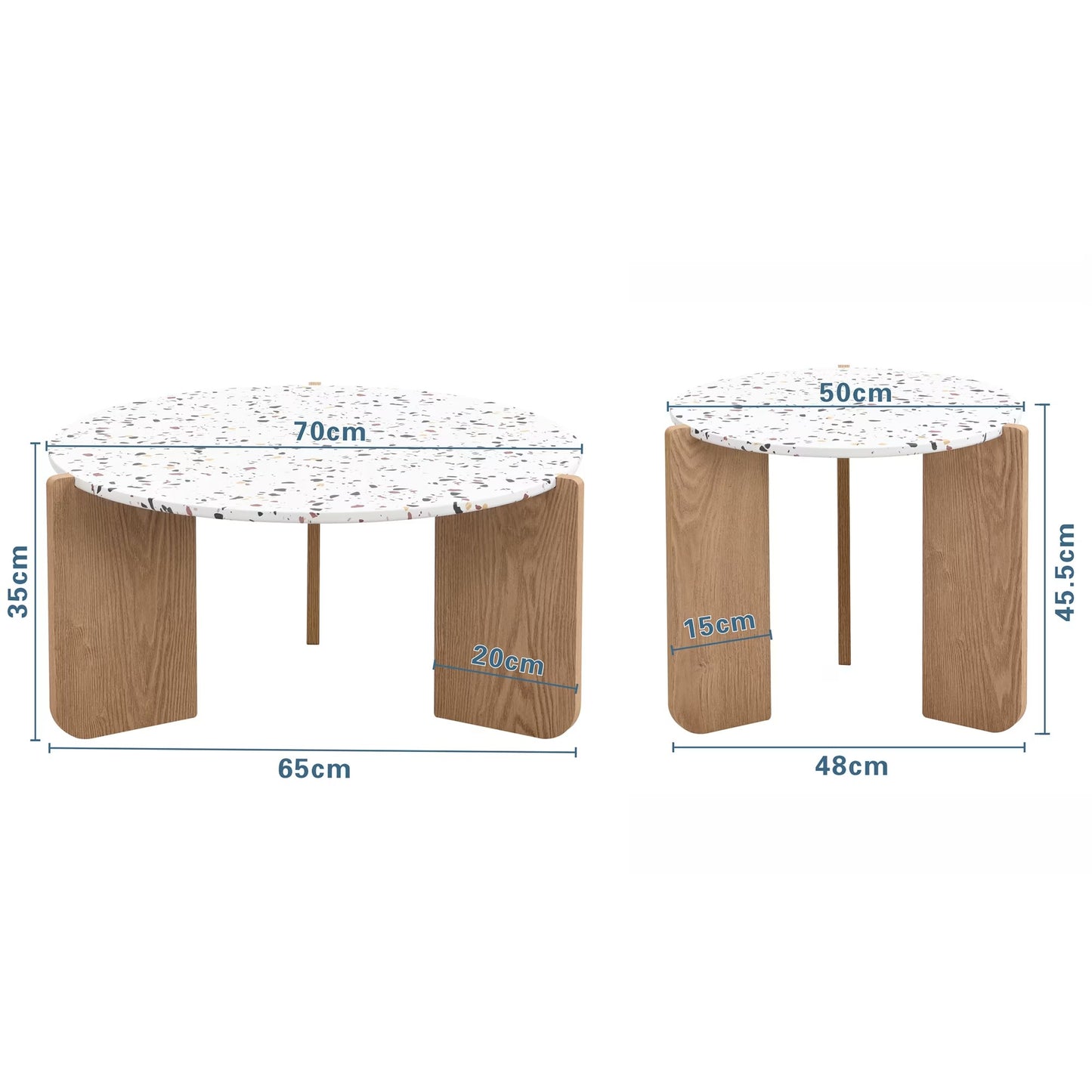 Ensemble de 2 Tables Basses Japandi gigognes blanches rondes pieds bois