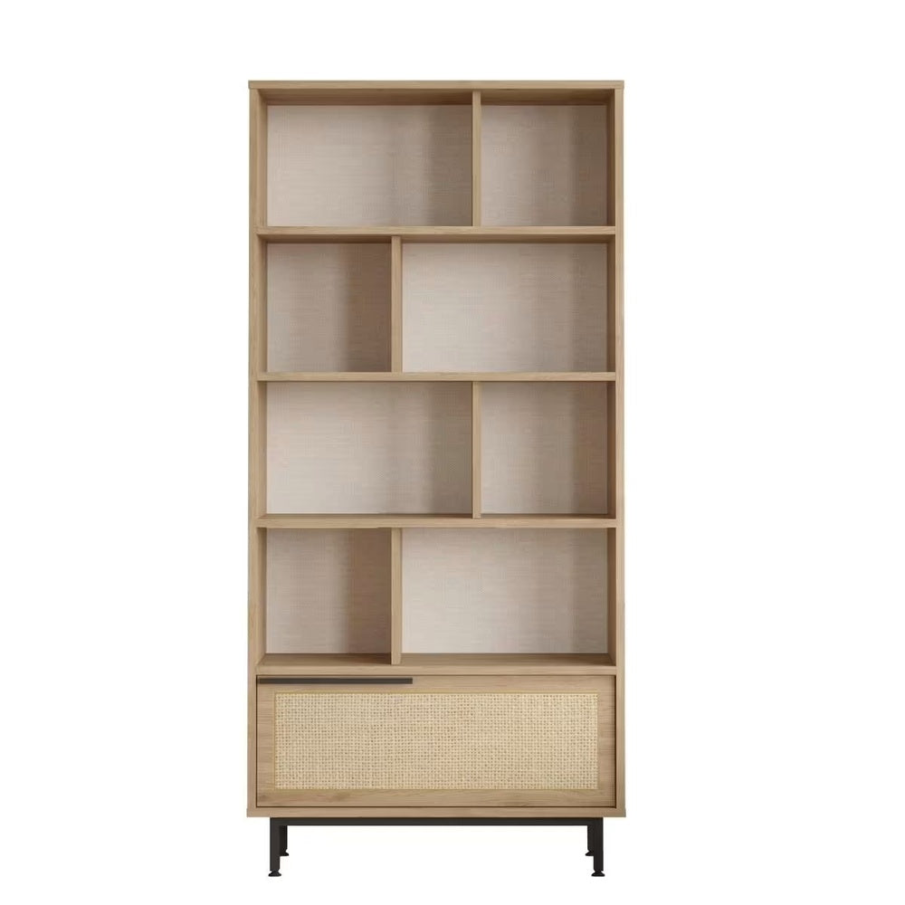 Étagère Japandi 9 tablettes et 1 porte décor chêne et impression rotin – On4 Su