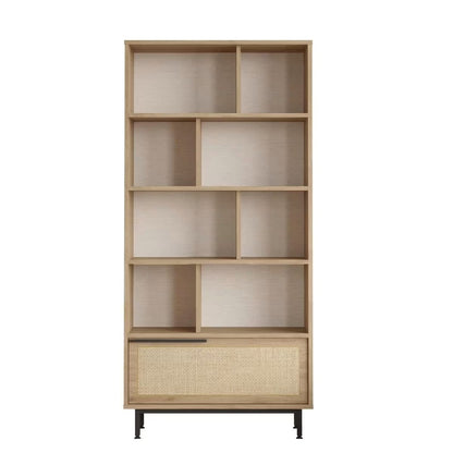 Étagère Japandi 9 tablettes et 1 porte décor chêne et impression rotin – On4 Su