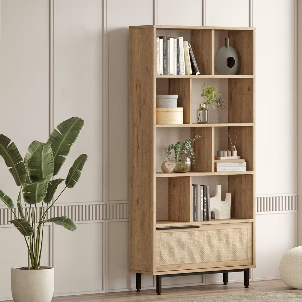 Étagère Japandi 9 tablettes et 1 porte décor chêne et impression rotin – On4 Su