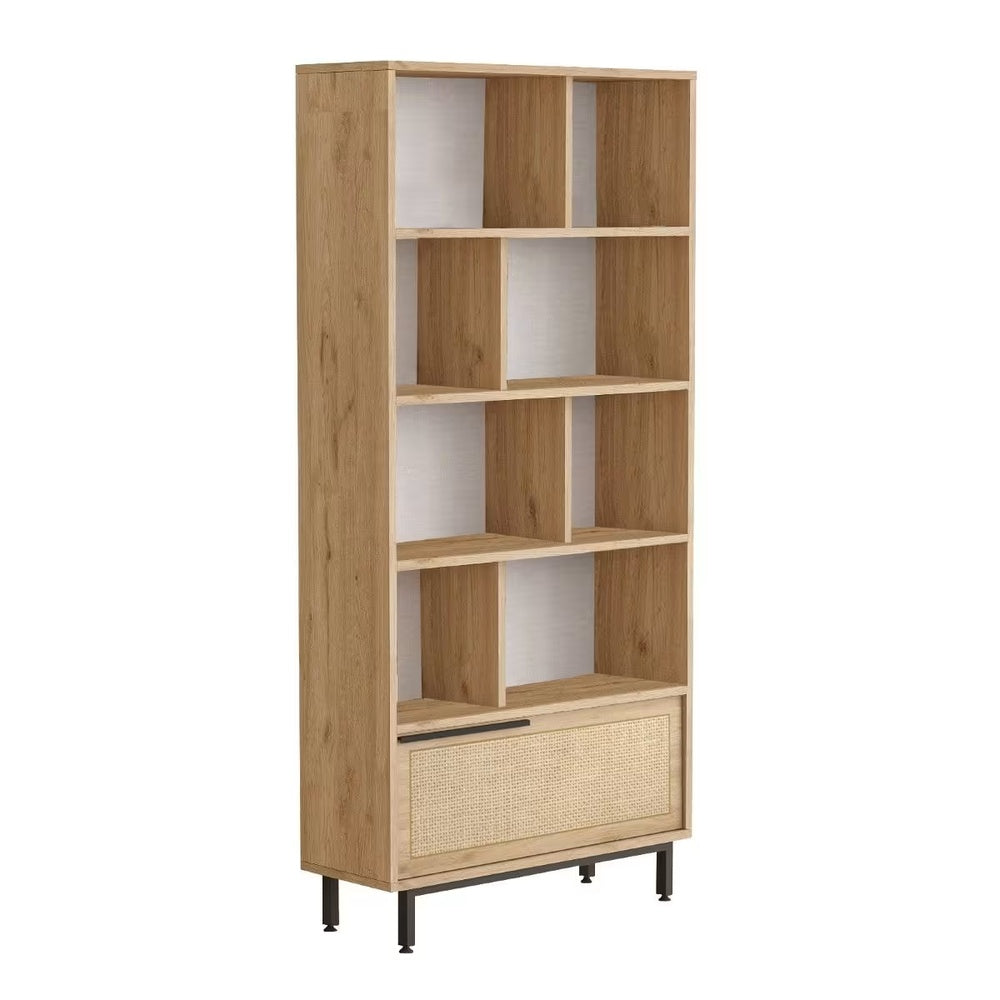 Étagère Japandi 9 tablettes et 1 porte décor chêne et impression rotin – On4 Su