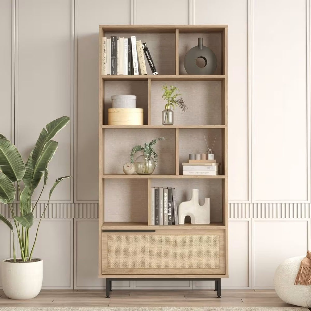 Étagère Japandi 9 tablettes et 1 porte décor chêne et impression rotin – On4 Su