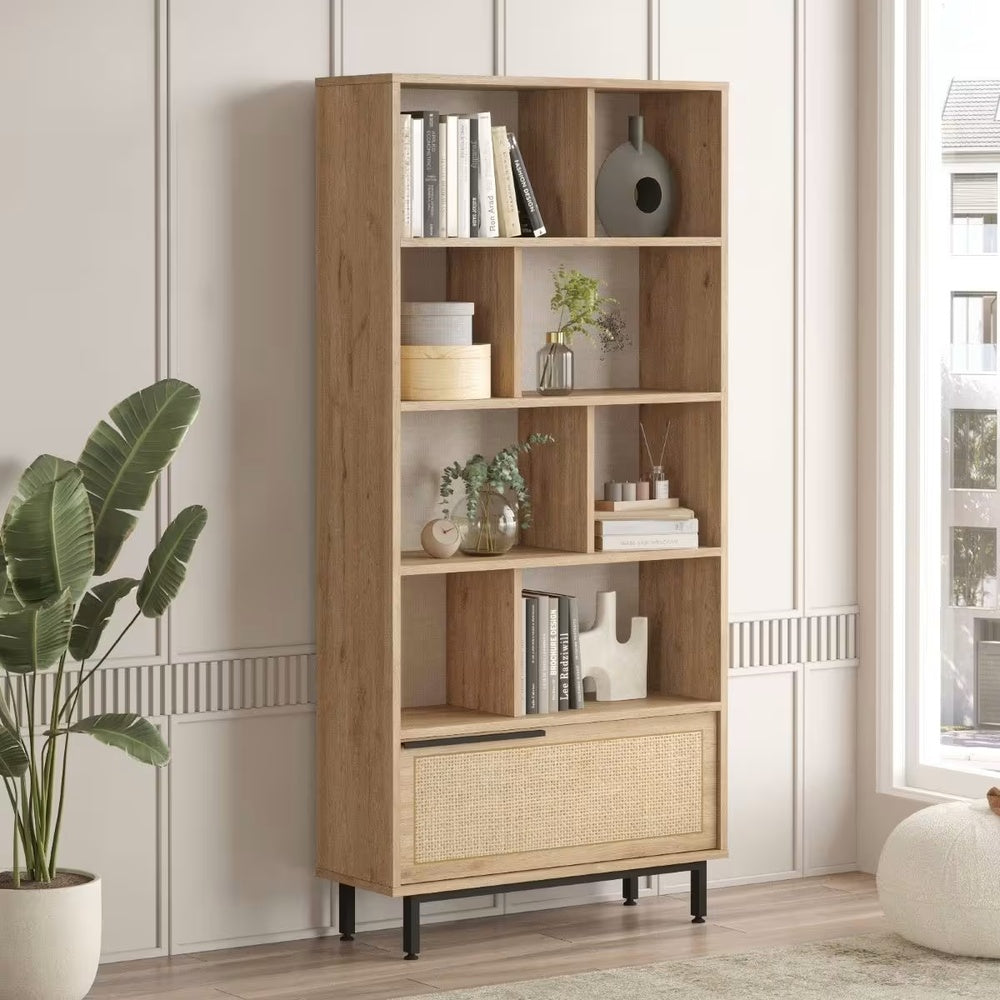 Étagère Japandi 9 tablettes et 1 porte décor chêne et impression rotin – On4 Su