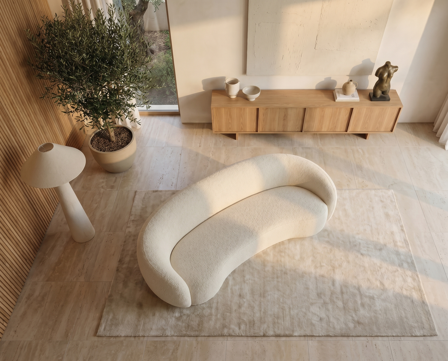 Canapé Japandi Arrondi Bouclette Beige 3 Places - Bovana