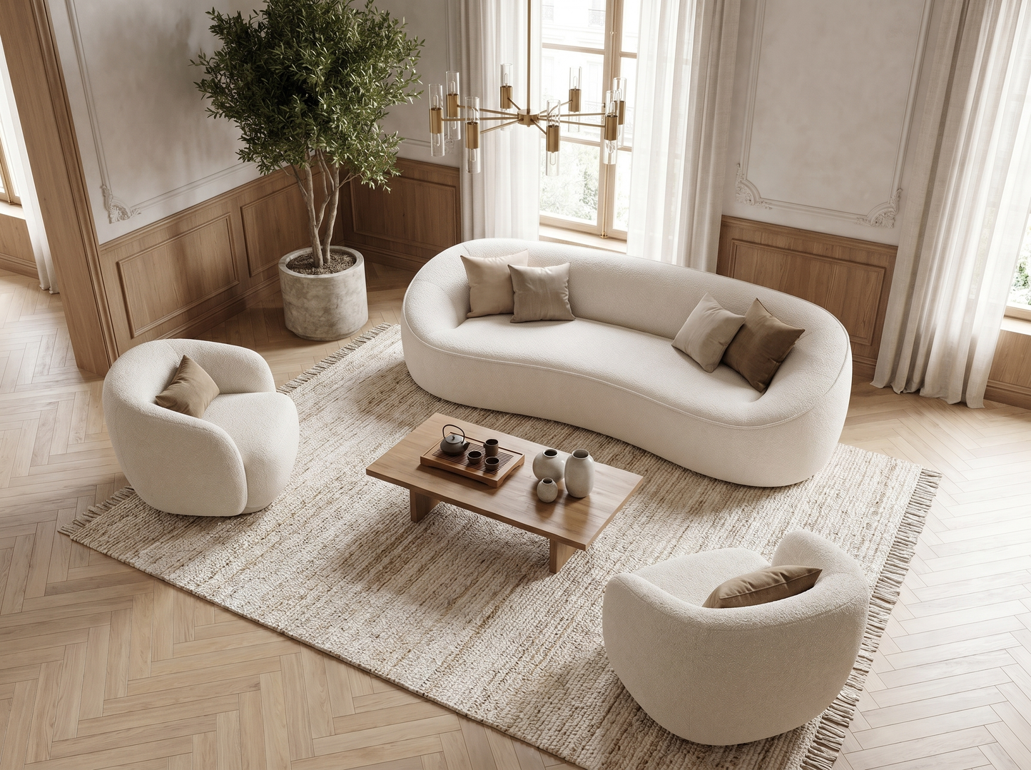 Canapé Japandi Design Organique Bouclette Blanche 3 Places - Ostuni