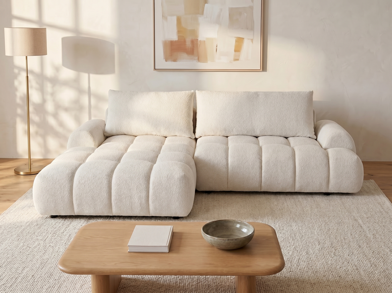 Canapé-lit Japandi d'Angle Chenille Beige - Farneta
