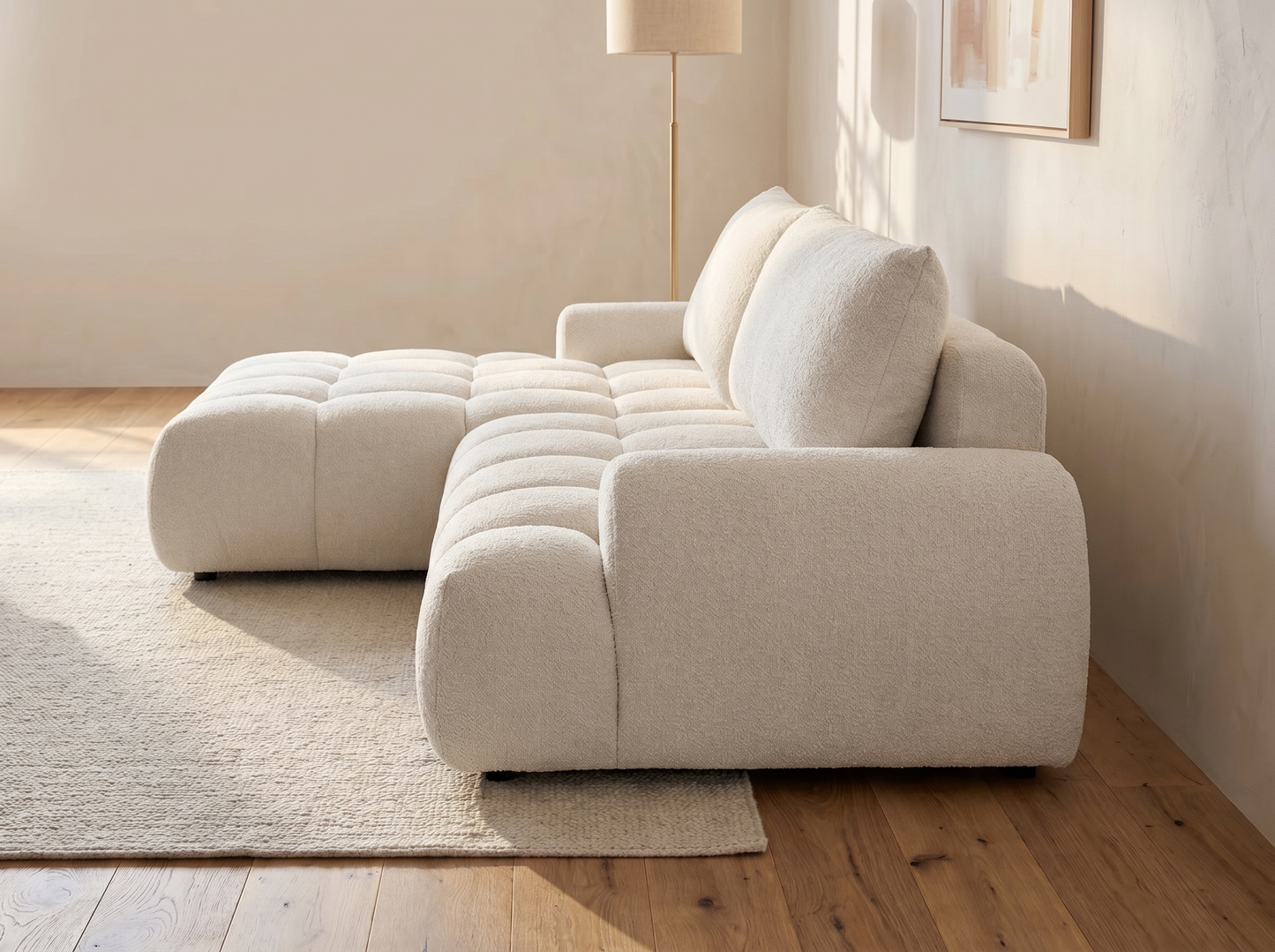Canapé-lit Japandi d'Angle Chenille Beige - Farneta