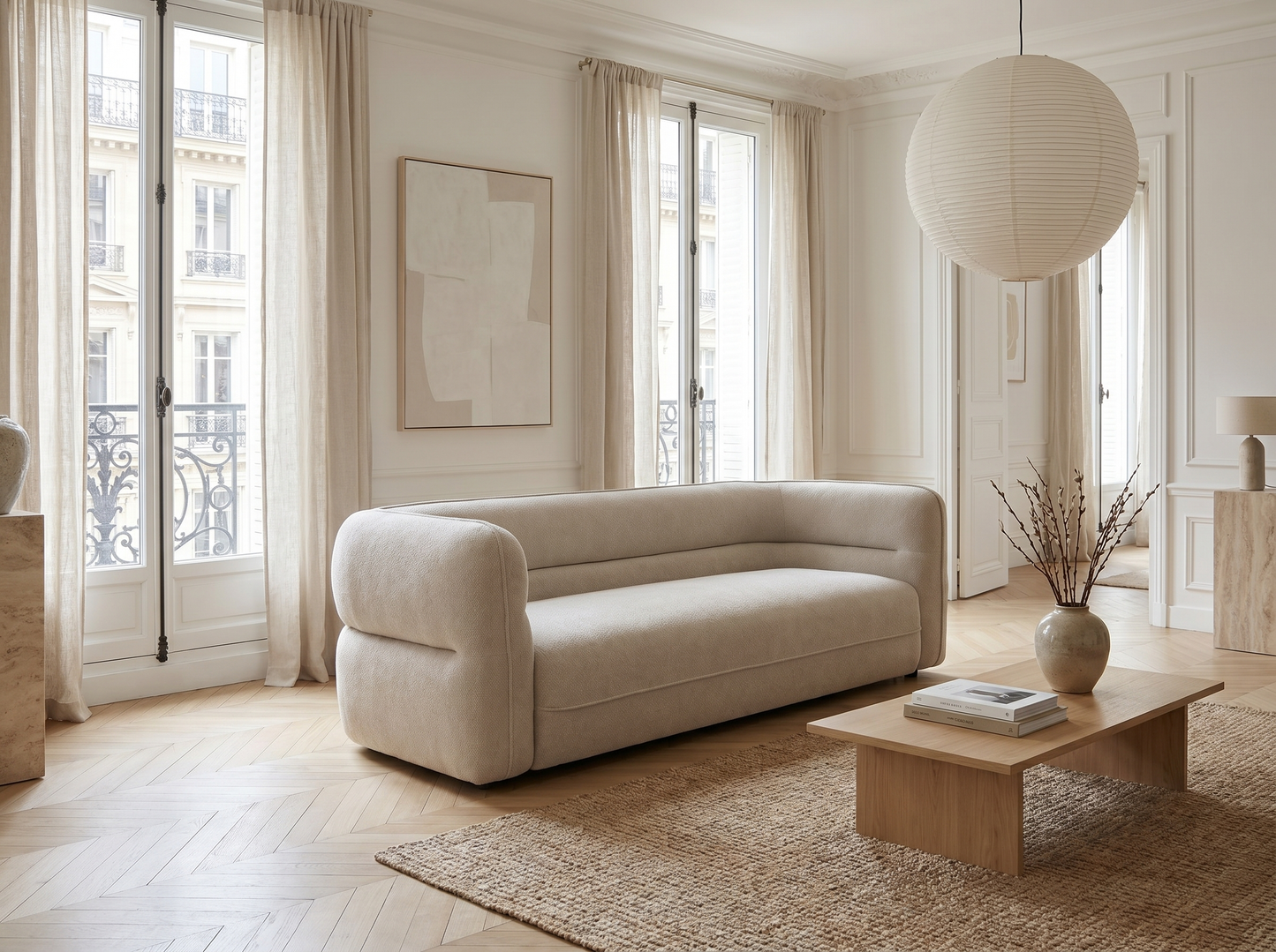 Canapé Japandi Chenille Beige 3 Places - Taliena