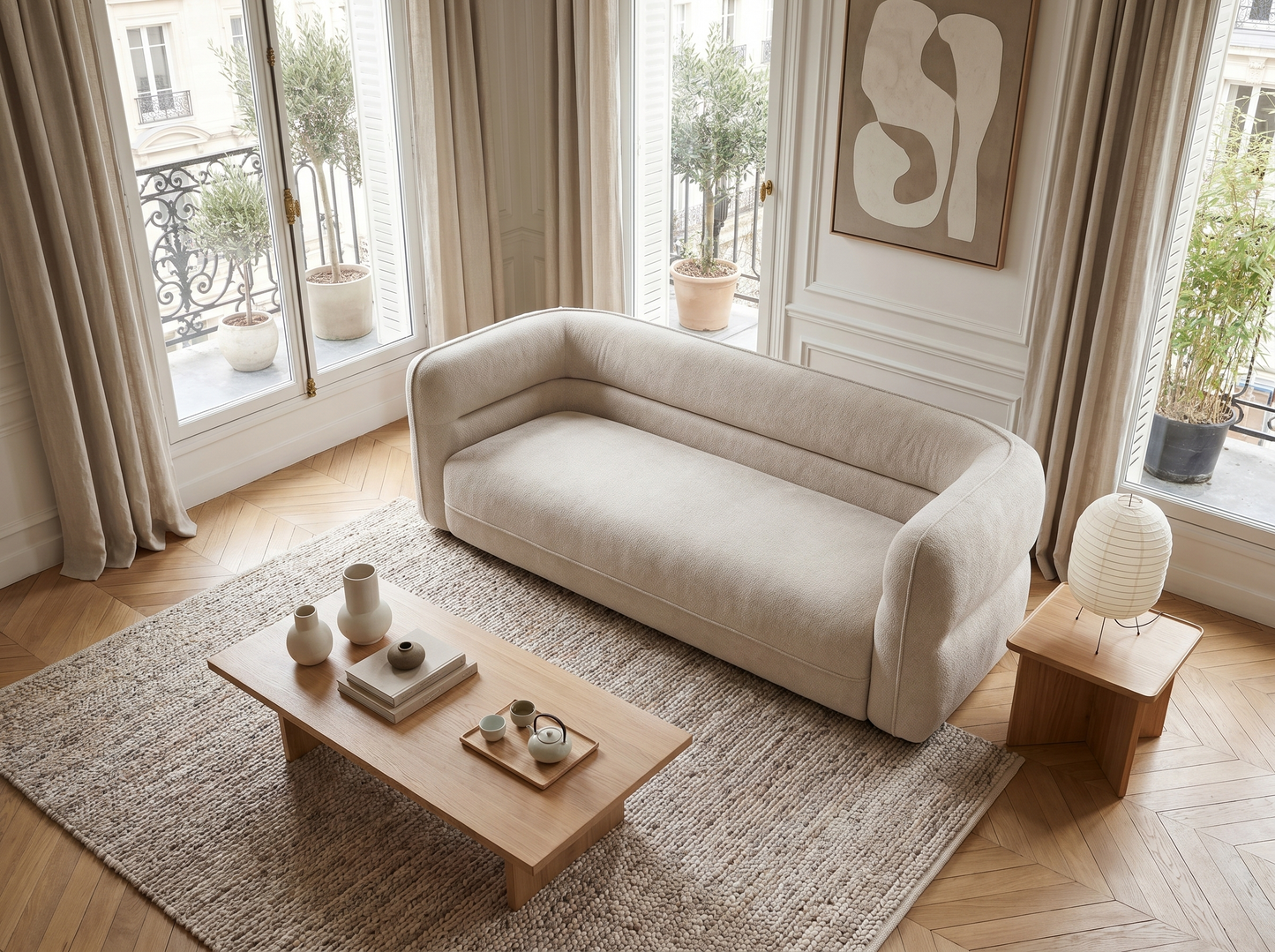 Canapé Japandi Chenille Beige 3 Places - Taliena