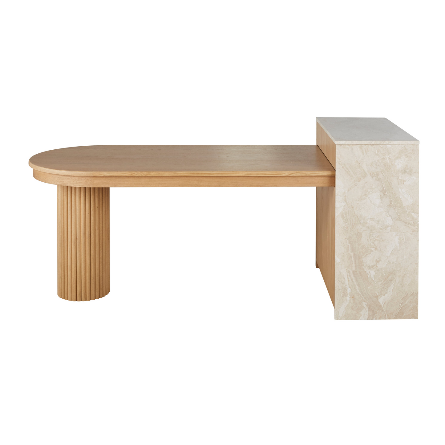 Îlot Central Cuisine Japandi 2 Tiroirs 1 Étagère 2 Niches Pied en Marbre Blanc – Travine