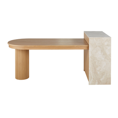 Îlot Central Cuisine Japandi 2 Tiroirs 1 Étagère 2 Niches Pied en Marbre Blanc – Travine